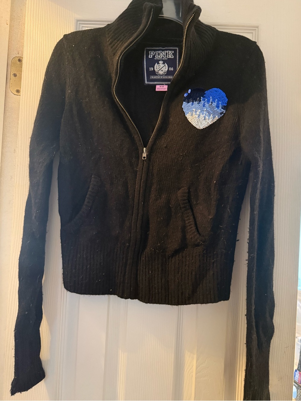 PINK Victoria’s Secret Women’s Fuzzy Black Sweater w/ Sequin Heart - Size M